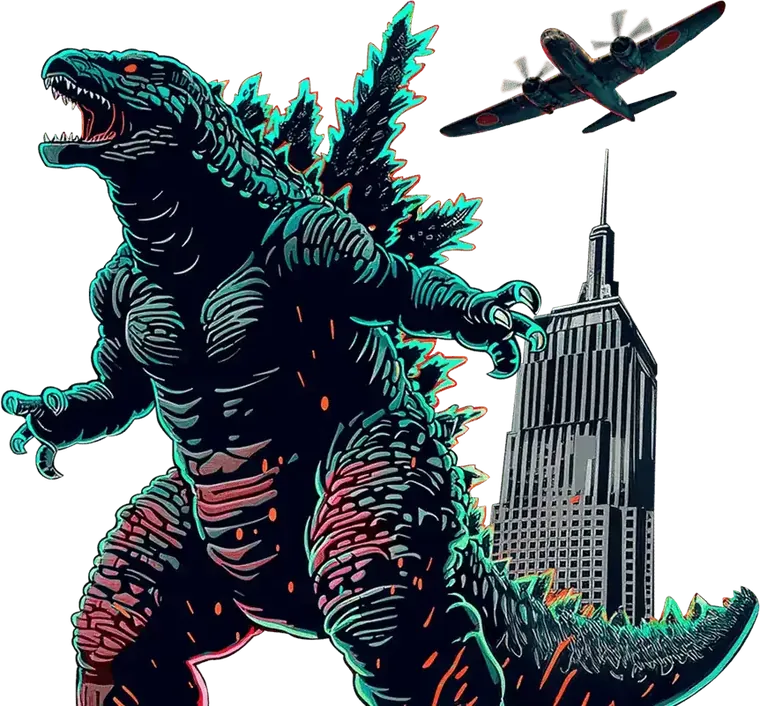 Kaiju al neon tra i grattacieli, grafica di Wild Tokyo